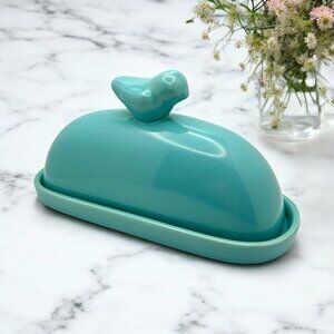 World Market Teal Blue Ceramic Butter Dish w/Bird Handle–Farmhouse Kitchen Decor